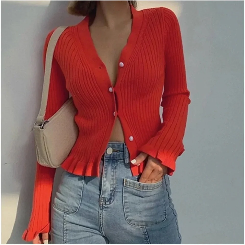 Commense Red Ribbed Ruffle Button Front Cardigan Sweater Balletcore Coquette L - Picture 1 of 5